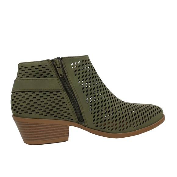 Khaki Perforated V Side Cut Low Heel Ankle Boot - Picture 2 of 5